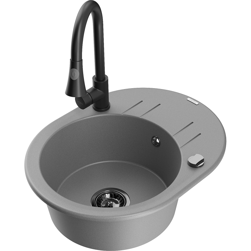 Mexen Kevin 1-bowl granite sink with drainer and Elia kitchen tap, grey - 6517-71-670101-70-B