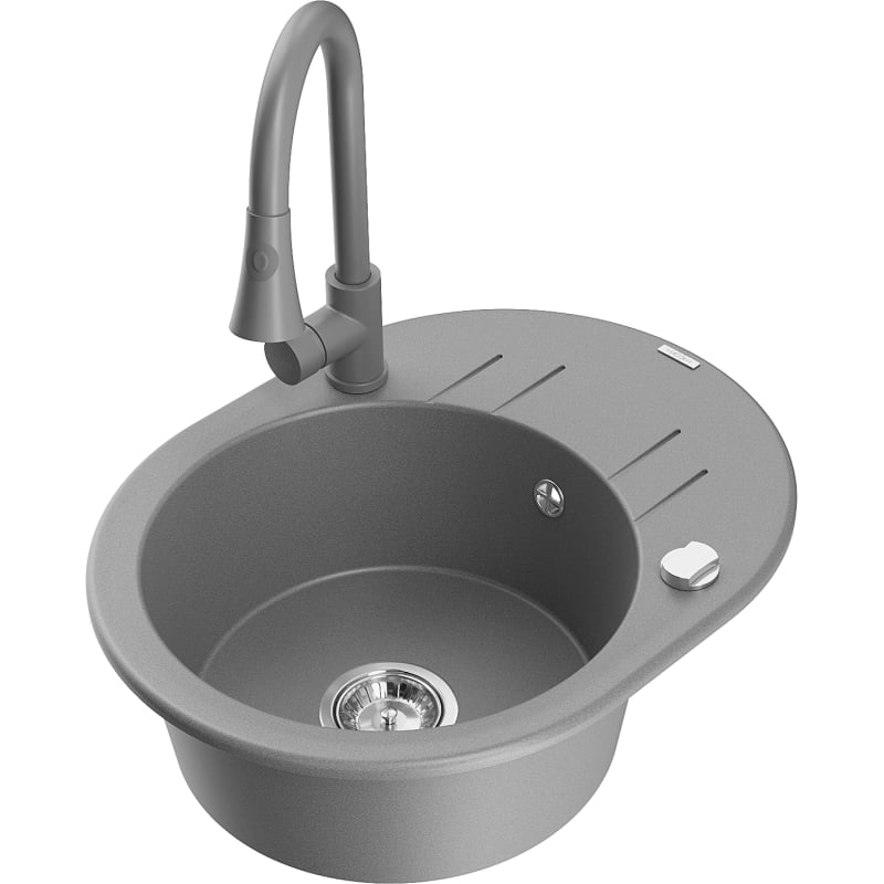 Mexen Kevin 1-bowl granite sink with drainer and Elia kitchen faucet, gray - 6517-71-670101-71