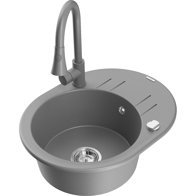 Mexen Kevin 1-bowl granite sink with drainer and Elia kitchen tap, grey - 6517-71-670101-71