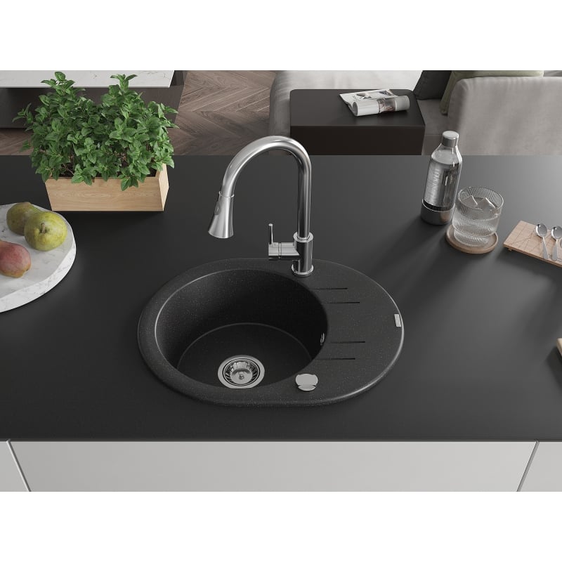 Mexen Kevin 1-bowl granite sink with drainer and Elia kitchen faucet, black/silver metallic - 6517-73-670101-00
