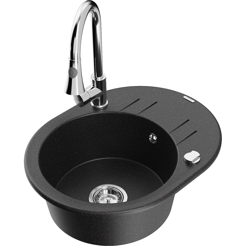Mexen Kevin 1-compartment granite sink with a drip tray and kitchen mixer tap Elia, Black/Silver metallic - 6517-73-670101-00