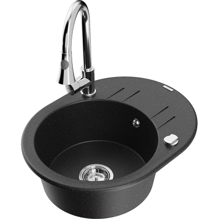 Mexen Kevin 1-bowl granite kitchen sink with drainer and Elia kitchen faucet, black/silver metallic - 6517-73-670101-00