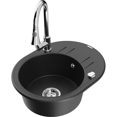 Mexen Kevin 1-bowl granite sink with drainer and Elia kitchen tap, black/silver metallic - 6517-73-670101-00
