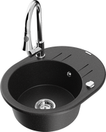 Mexen Kevin 1-bowl granite sink with drainer and Elia kitchen faucet, black/silver metallic - 6517-73-670101-00