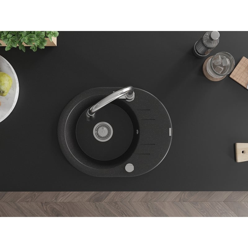 Mexen Kevin 1-bowl granite sink with drainer and Elia kitchen faucet, black/silver metallic - 6517-73-670101-00