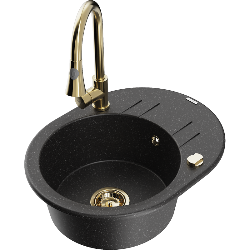 Mexen Kevin 1-compartment granite sink with a drip tray and kitchen mixer tap Elia, Black/Silver metallic - 6517-73-670101-50