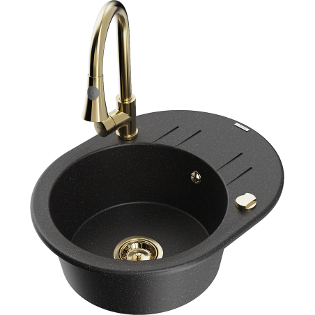 Mexen Kevin granite 1-bowl sink with drainer and kitchen faucet Elia, black/silver metallic - 6517-73-670101-50