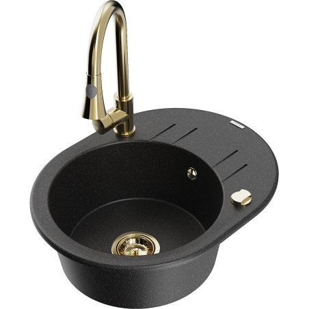 Mexen Kevin granite single-bowl sink with drainer and Elia kitchen faucet, black/silver metallic - 6517-73-670101-50