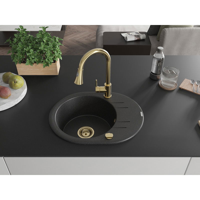 Mexen Kevin 1-bowl granite sink with drainer and Elia kitchen tap, black/silver metallic - 6517-73-670101-50