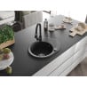 Mexen Kevin granite kitchen sink 1-bowl with drainer and Elia kitchen faucet, black/silver metallic - 6517-73-670101-70