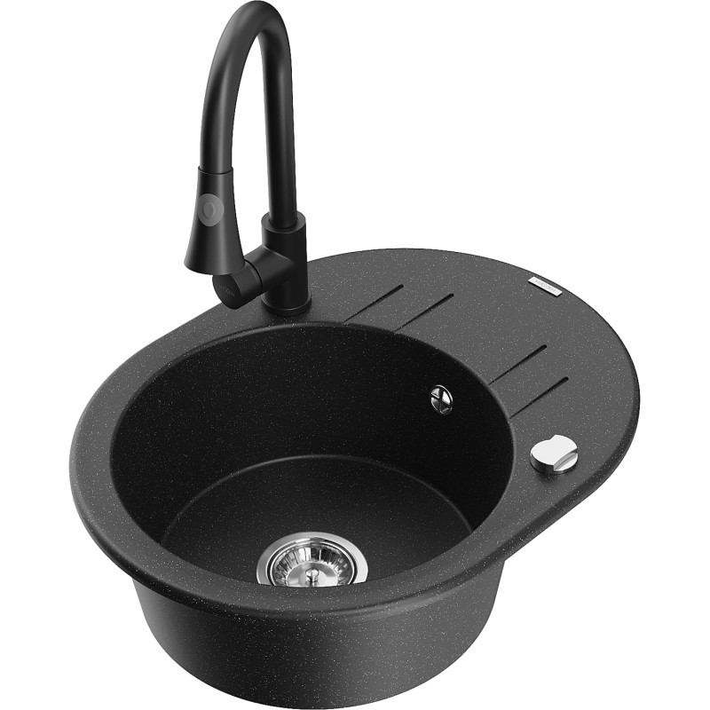 Mexen Kevin granite kitchen sink 1-bowl with drainer and kitchen faucet Elia, black/silver metallic - 6517-73-670101-70