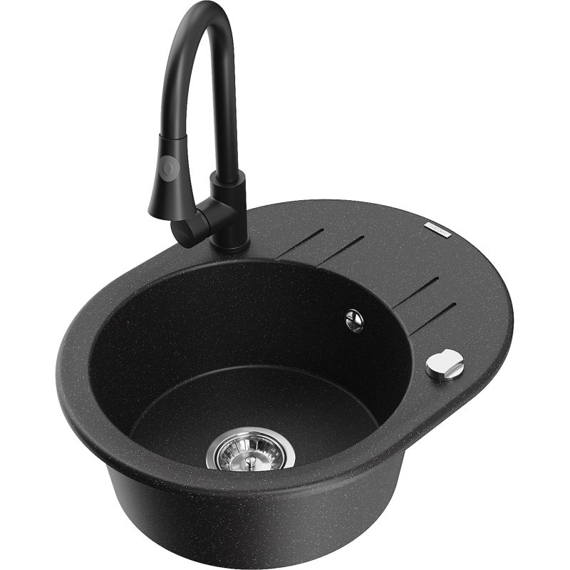 Mexen Kevin granite sink 1-bowl with drainer and Elia kitchen tap, black/silver metallic - 6517-73-670101-70