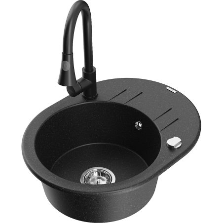 Mexen Kevin granite kitchen sink 1-bowl with drainer and Elia kitchen faucet, black/silver metallic - 6517-73-670101-70