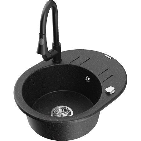Mexen Kevin granite kitchen sink 1-bowl with drainer and kitchen faucet Elia, black/silver metallic - 6517-73-670101-70