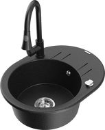 Mexen Kevin granite kitchen sink 1-bowl with drainer and Elia kitchen faucet, black/silver metallic - 6517-73-670101-70