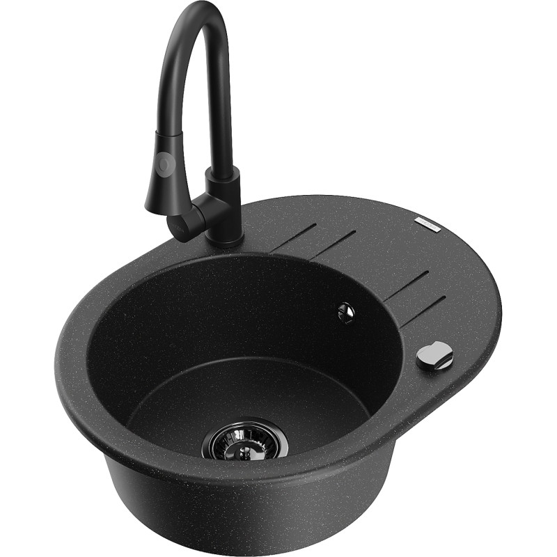 Mexen Kevin granite kitchen sink 1-bowl with drainer and Elia kitchen faucet, black/silver metallic - 6517-73-670101-70-B