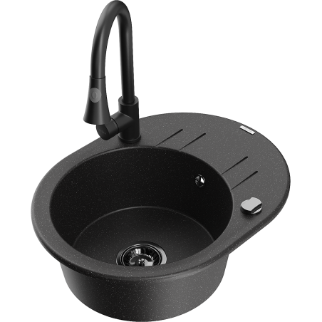 Mexen Kevin granite kitchen sink 1-bowl with drainer and Elia kitchen faucet, black/silver metallic - 6517-73-670101-70-B