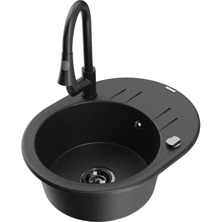 Mexen Kevin granite kitchen sink 1-bowl with drainer and Elia kitchen tap, black/silver metallic - 6517-73-670101-70-B
