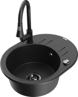 Mexen Kevin granite single-bowl kitchen sink with drainer and Elia kitchen faucet, black/silver metallic - 6517-73-670101-70-B