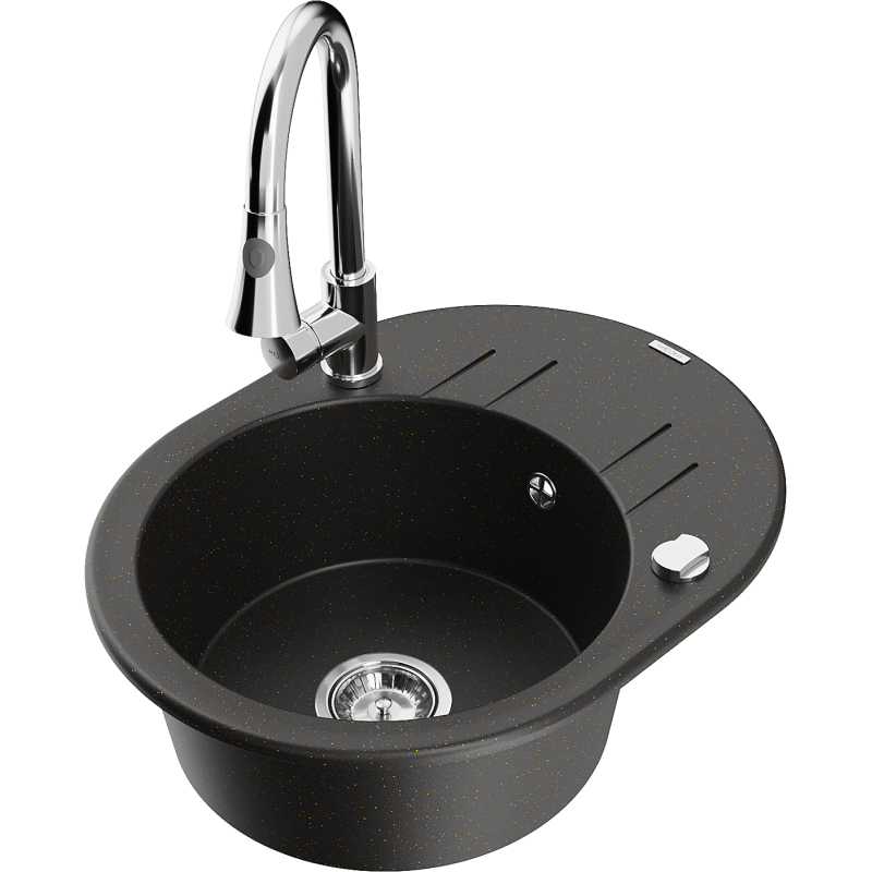 Mexen Kevin 1-compartment granite sink with a drip tray and kitchen mixer tap Elia, Black/Gold metallic - 6517-75-670101-00