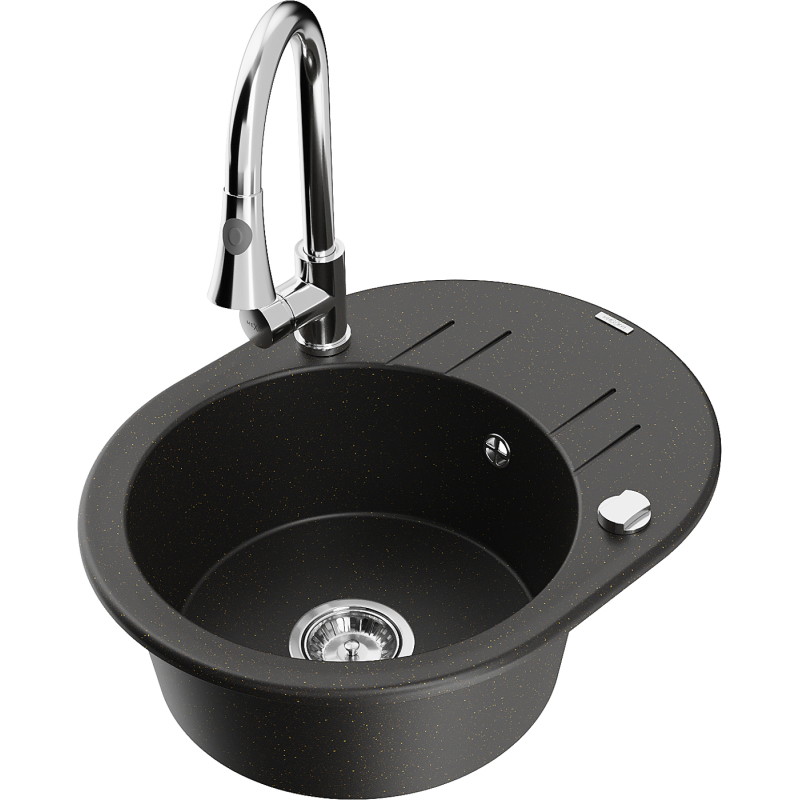 Mexen Kevin granite kitchen sink 1-bowl with drainer and Elia kitchen faucet, black/gold metallic - 6517-75-670101-00