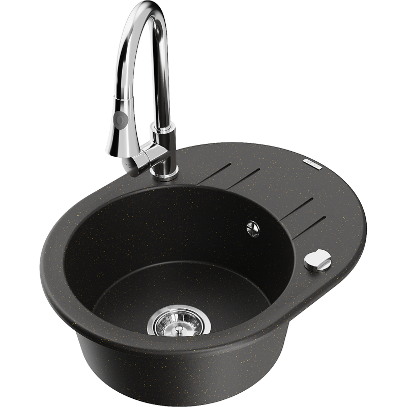 Mexen Kevin granite kitchen sink 1-bowl with drainer and Elia kitchen tap, black/gold metallic - 6517-75-670101-00