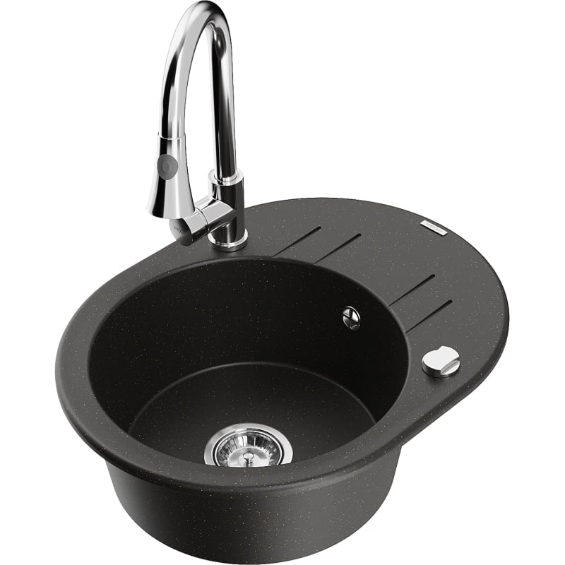 Mexen Kevin granite single-bowl sink with drainer and kitchen faucet Elia, black/gold metallic - 6517-75-670101-00
