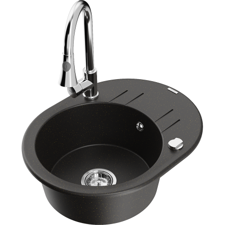 Mexen Kevin granite kitchen sink 1-bowl with drainer and Elia kitchen faucet, black/gold metallic - 6517-75-670101-00