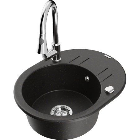 Mexen Kevin granite kitchen sink 1-bowl with drainer and Elia kitchen tap, black/gold metallic - 6517-75-670101-00