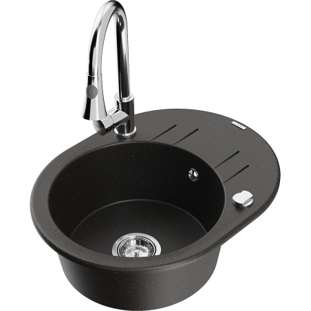 Mexen Kevin granite single-bowl sink with drainer and kitchen faucet Elia, black/gold metallic - 6517-75-670101-00