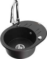 Mexen Kevin granite single-bowl sink with drainer and kitchen faucet Elia, black/gold metallic - 6517-75-670101-00