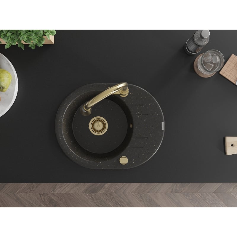 Mexen Kevin 1-bowl granite sink with drainer and kitchen faucet Elia, black/gold metallic - 6517-75-670101-50