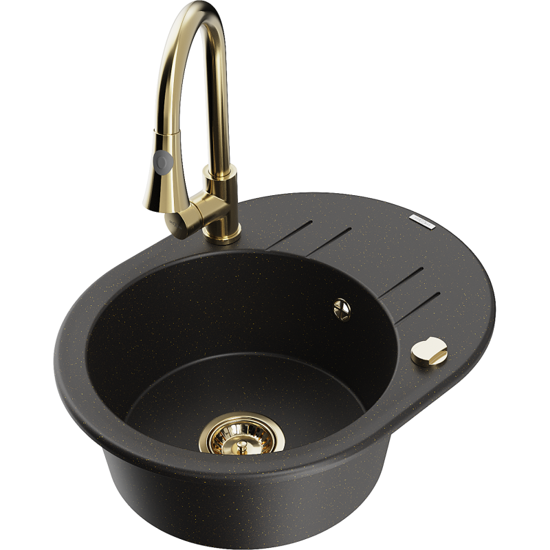 Mexen Kevin 1-compartment granite sink with a drip tray and kitchen mixer tap Elia, Black/Gold metallic - 6517-75-670101-50