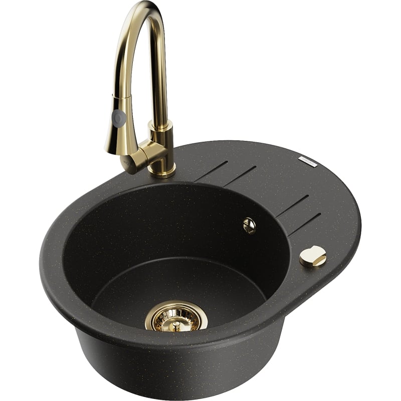 Mexen Kevin granite kitchen sink 1-bowl with drainer and Elia kitchen faucet, black/gold metallic - 6517-75-670101-50