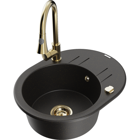 Mexen Kevin granite kitchen sink 1-bowl with drainer and Elia kitchen faucet, black/gold metallic - 6517-75-670101-50