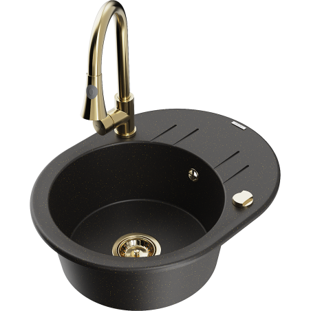 Mexen Kevin granite sink 1-bowl with drainer and Elia kitchen tap, black/gold metallic - 6517-75-670101-50