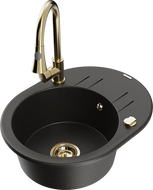 Mexen Kevin granite kitchen sink 1-bowl with drainer and Elia kitchen faucet, black/gold metallic - 6517-75-670101-50