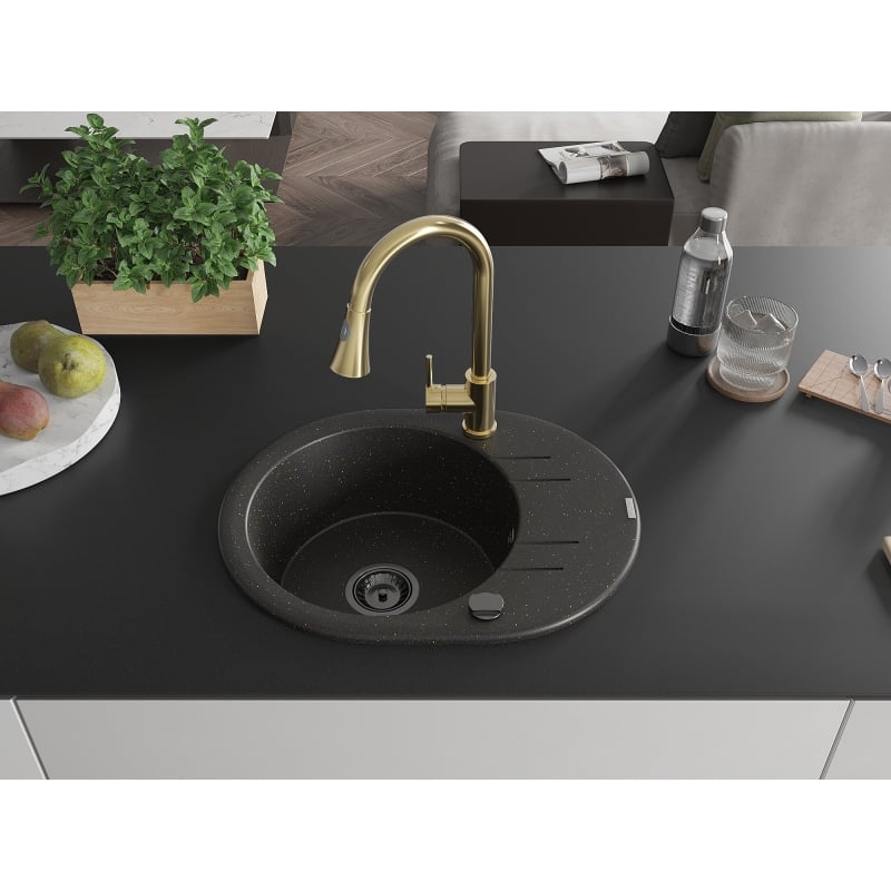 Mexen Kevin granite kitchen sink 1-bowl with drainer and kitchen faucet Elia, black/gold metallic - 6517-75-670101-50-B