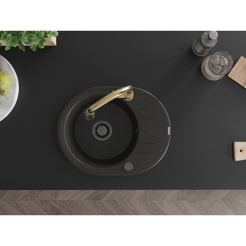 Mexen Kevin granite kitchen sink 1-bowl with drainer and kitchen faucet Elia, black/gold metallic - 6517-75-670101-50-B