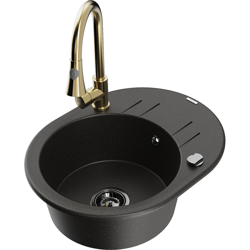Mexen Kevin 1-bowl granite sink with drainer and Elia kitchen tap, black/gold metallic - 6517-75-670101-50-B