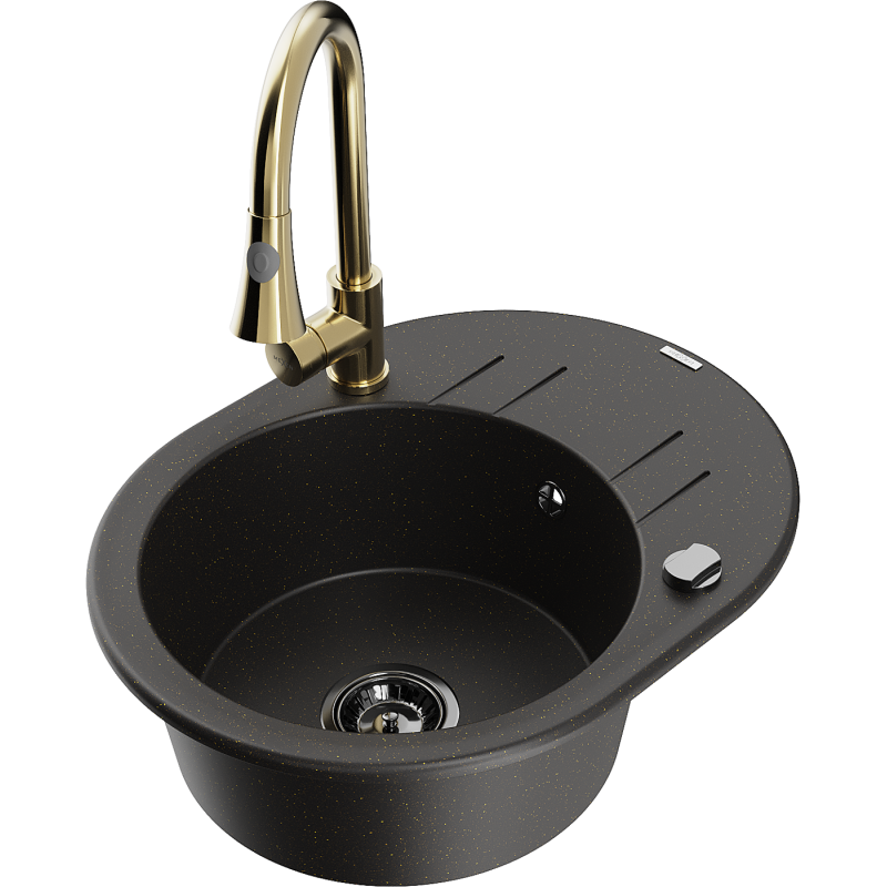 Mexen Kevin 1-compartment granite sink with a drip tray and kitchen mixer tap Elia, Black/Gold metallic - 6517-75-670101-50-B