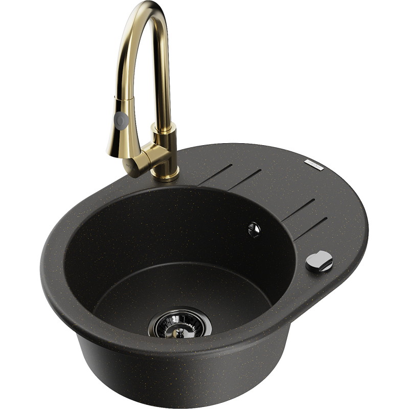 Mexen Kevin granite kitchen sink 1-bowl with drainer and kitchen faucet Elia, black/gold metallic - 6517-75-670101-50-B