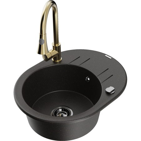 Mexen Kevin 1-compartment granite sink with a drip tray and kitchen mixer tap Elia, Black/Gold metallic - 6517-75-670101-50-B