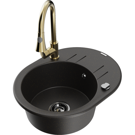 Mexen Kevin granite sink 1-bowl with drainer and Elia kitchen faucet, black/golden metallic - 6517-75-670101-50-B