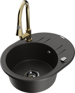 Mexen Kevin granite kitchen sink 1-bowl with drainer and kitchen faucet Elia, black/gold metallic - 6517-75-670101-50-B