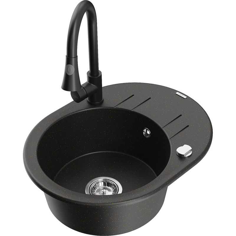 Mexen Kevin 1-compartment granite sink with a drip tray and kitchen mixer tap Elia, Black/Gold metallic - 6517-75-670101-70
