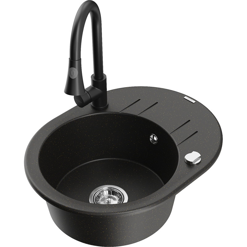 Mexen Kevin granite kitchen sink 1-bowl with drainer and Elia kitchen faucet, black/gold metallic - 6517-75-670101-70