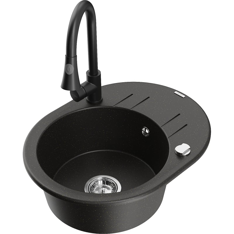Mexen Kevin granite kitchen sink 1-bowl with drainer and kitchen faucet Elia, black/gold metallic - 6517-75-670101-70