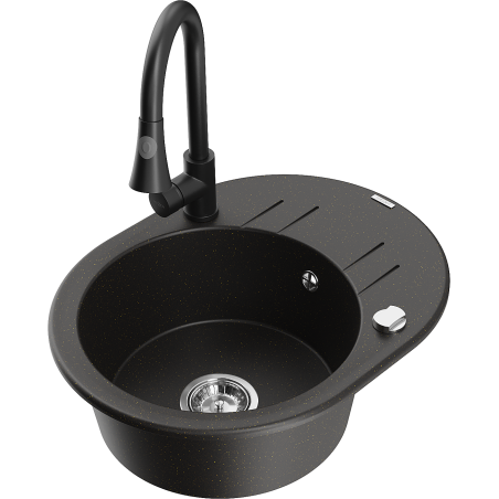 Mexen Kevin granite kitchen sink 1-bowl with drainer and kitchen faucet Elia, black/gold metallic - 6517-75-670101-70