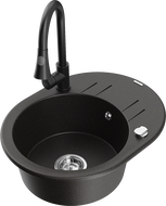 Mexen Kevin granite kitchen sink 1-bowl with drainer and Elia kitchen faucet, black/gold metallic - 6517-75-670101-70